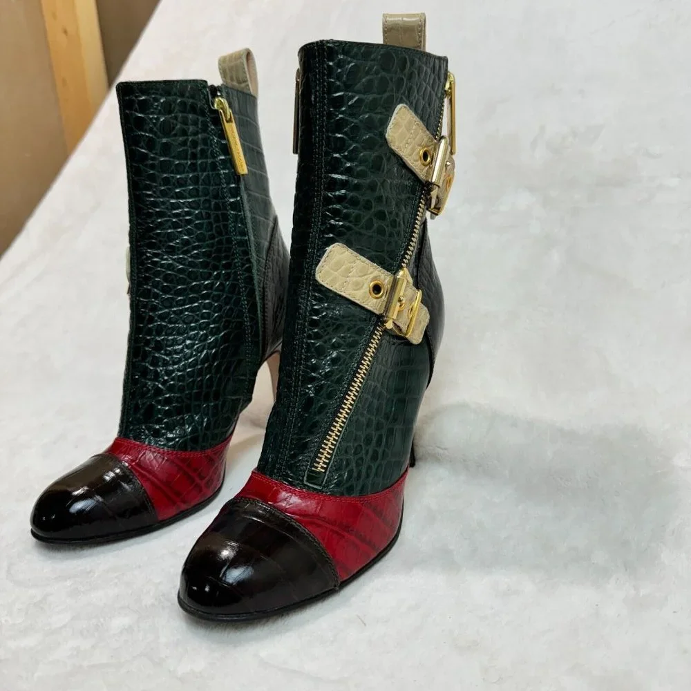 Luciano Padovan Womens Boots High Heel Shoes Red & Green Crocodile Italy Size 36 - Picture 2 of 16
